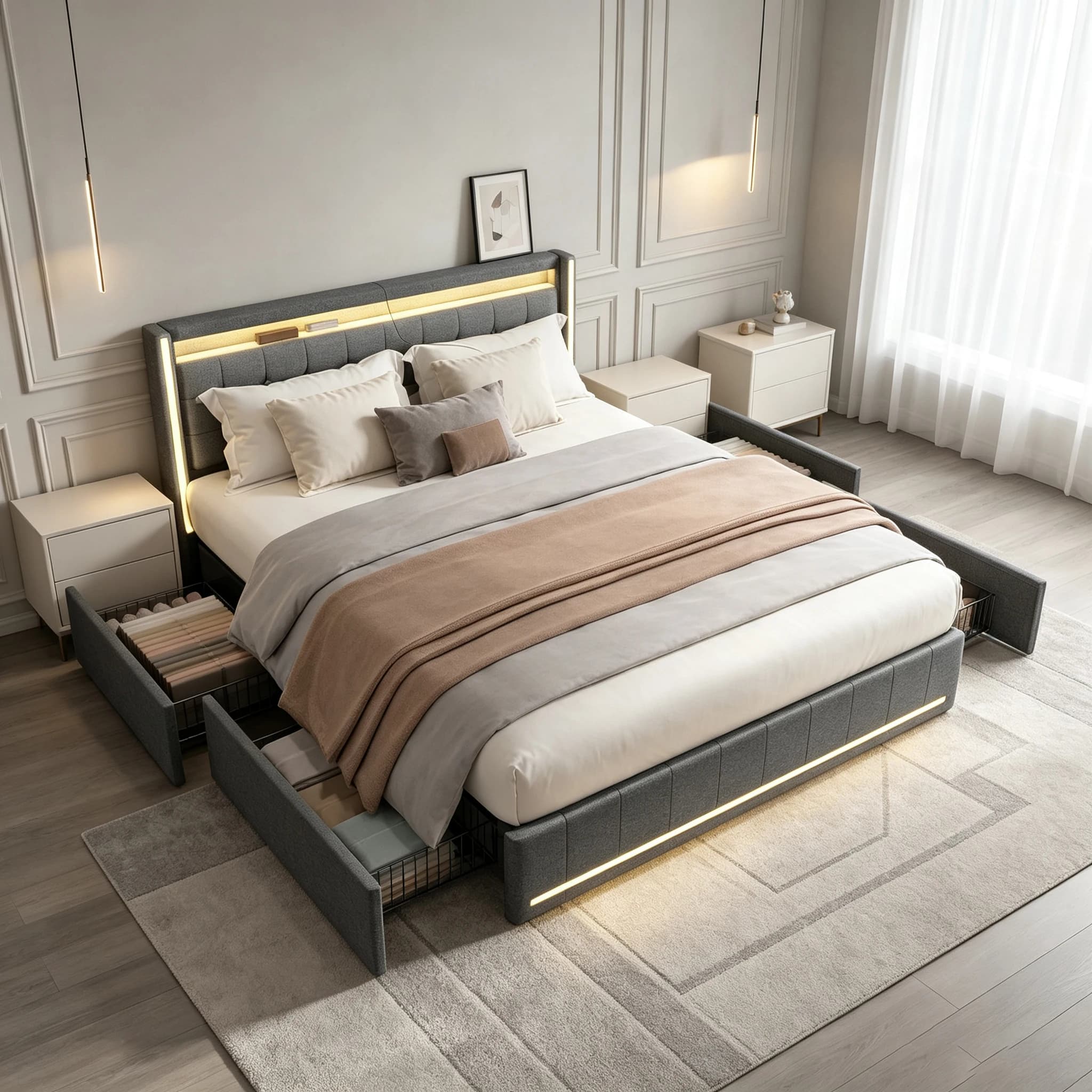 Lit double Comanlai 160 x 200 cm, lit rembourré avec 4 tiroirs, lit pour jeunes avec sommier à lattes, cadre de lit, sans matelas, lin, gris