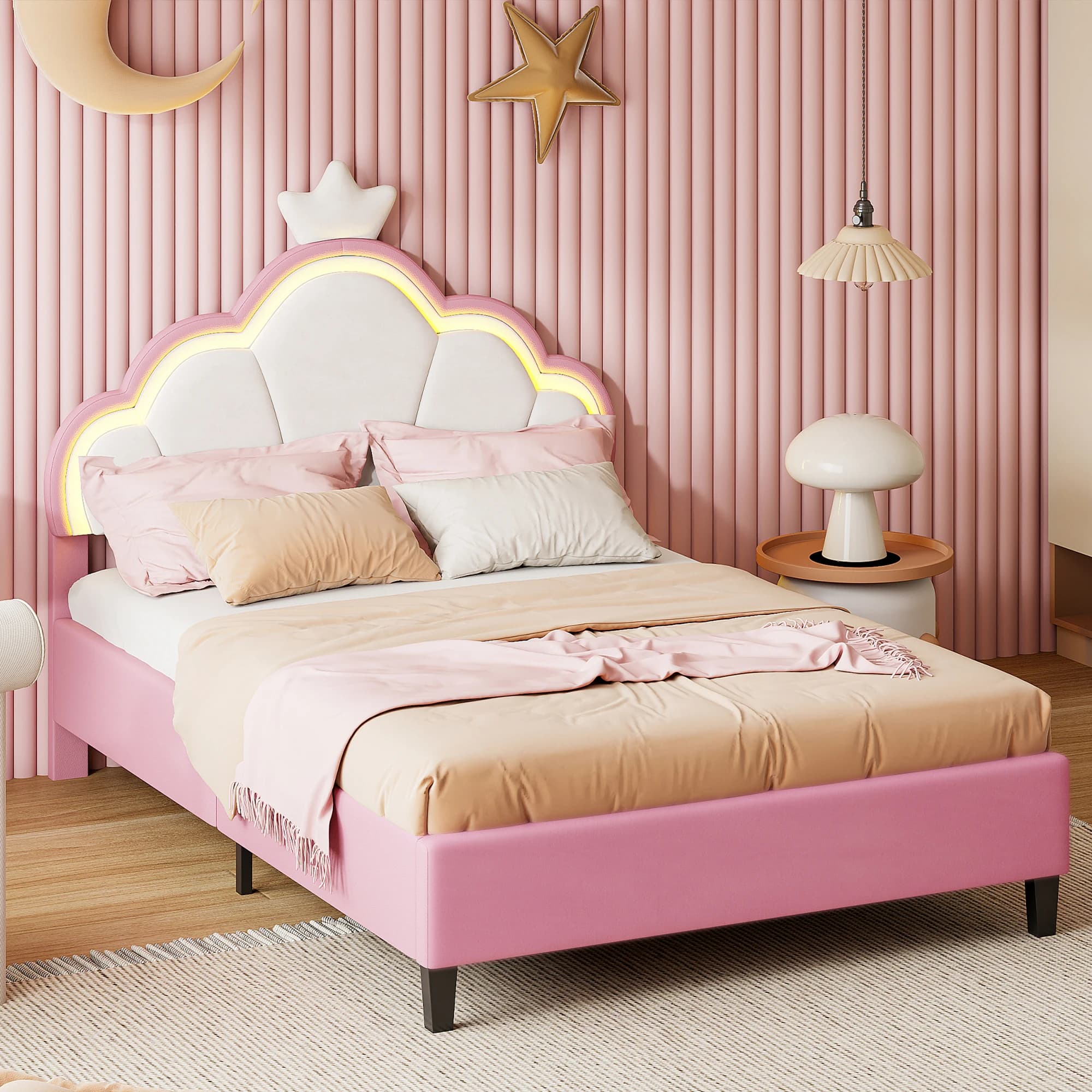 Rosahqnda Lit enfant, lit simple fille, lit double, lit princesse en forme de couronne, tête de lit réglable, rose