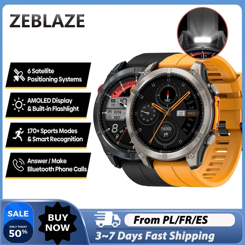 Montre connectée GPS robuste pour l'extérieur Zeblaze Stratos 4, écran AMOLED 1,43'', étanche 5ATM IP69K, positionnement par 6 satellites,