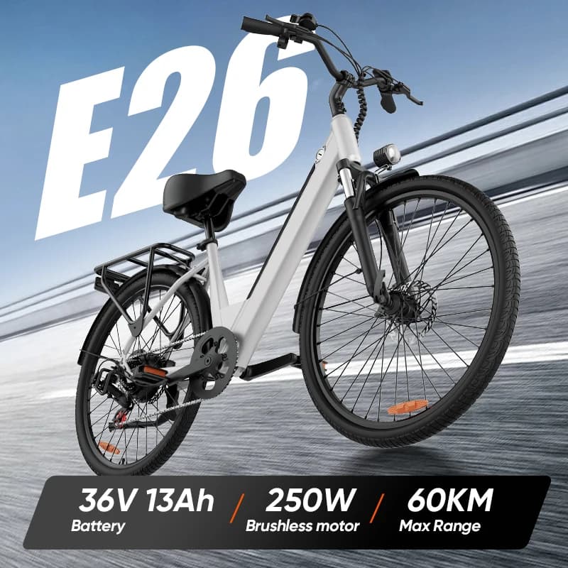 Vélo électrique Urlife E26 pour adultes, batterie amovible 36V 13Ah, pneus standard 26x2 pouces, vélo électrique de banlieue
