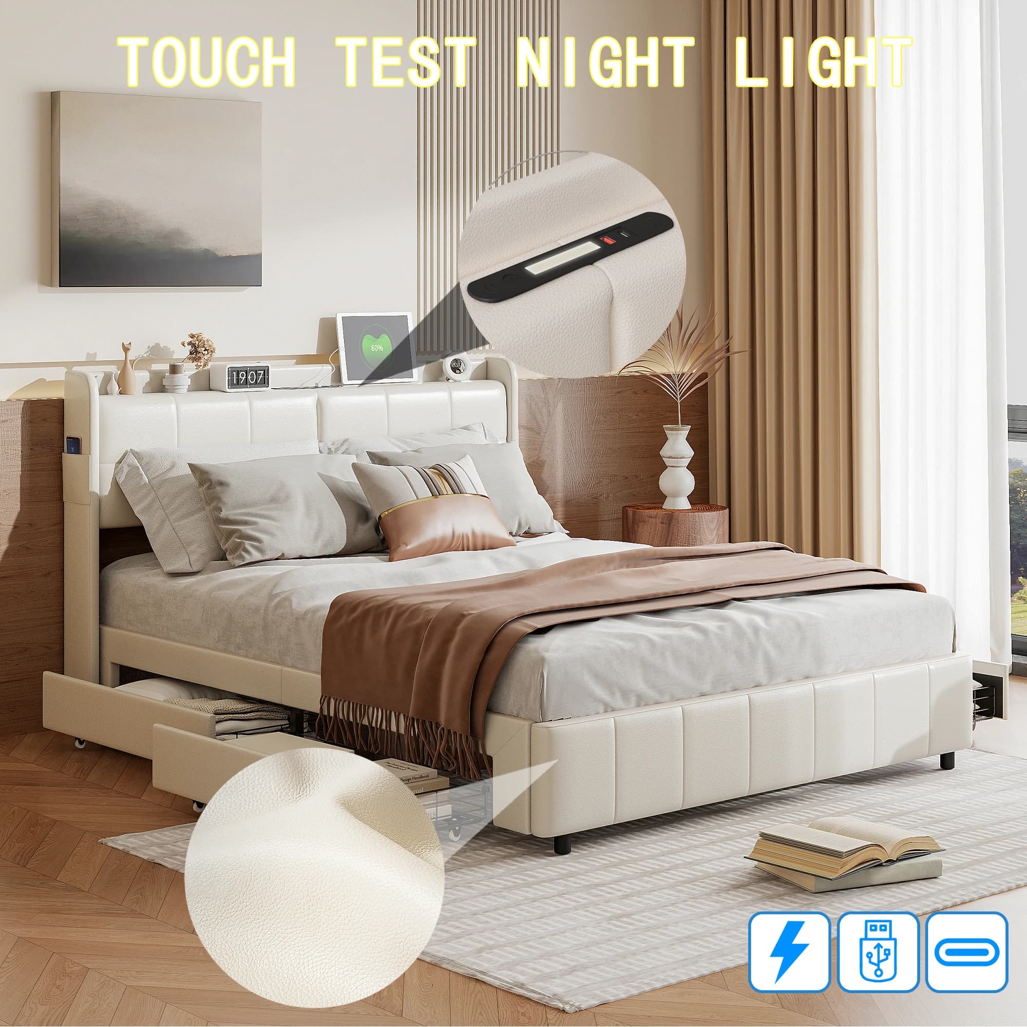 Anajqaqia, lit double avec rangement 160×200 cm, lit pour petites chambres, lit rembourré avec 4 tiroirs en métal, cuir PU, blanc, matelas non