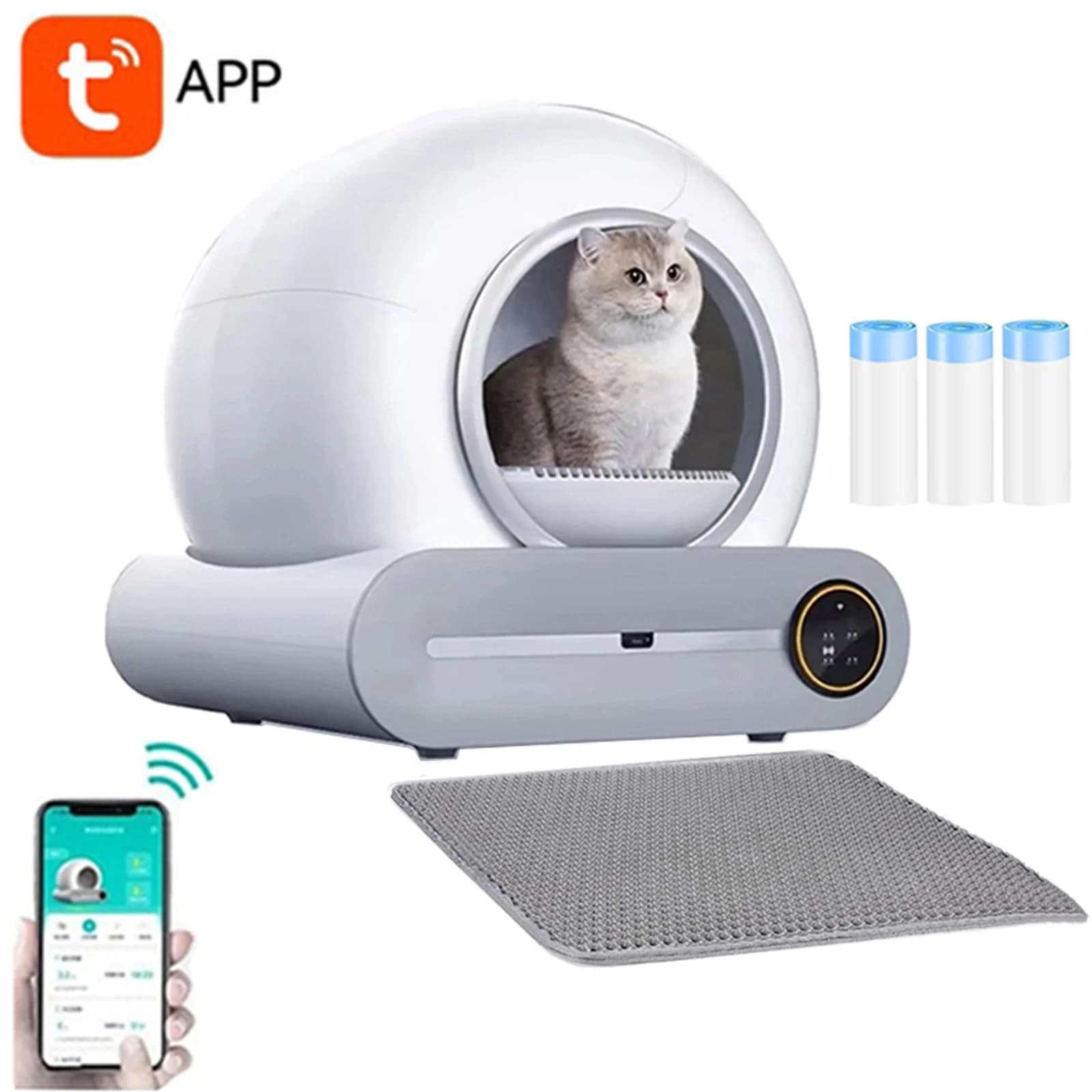 Bac à litière pour chat intelligent à auto-nettoyage de 65 L, grande capacité, commande automatique par application, bac à litière fermé avec