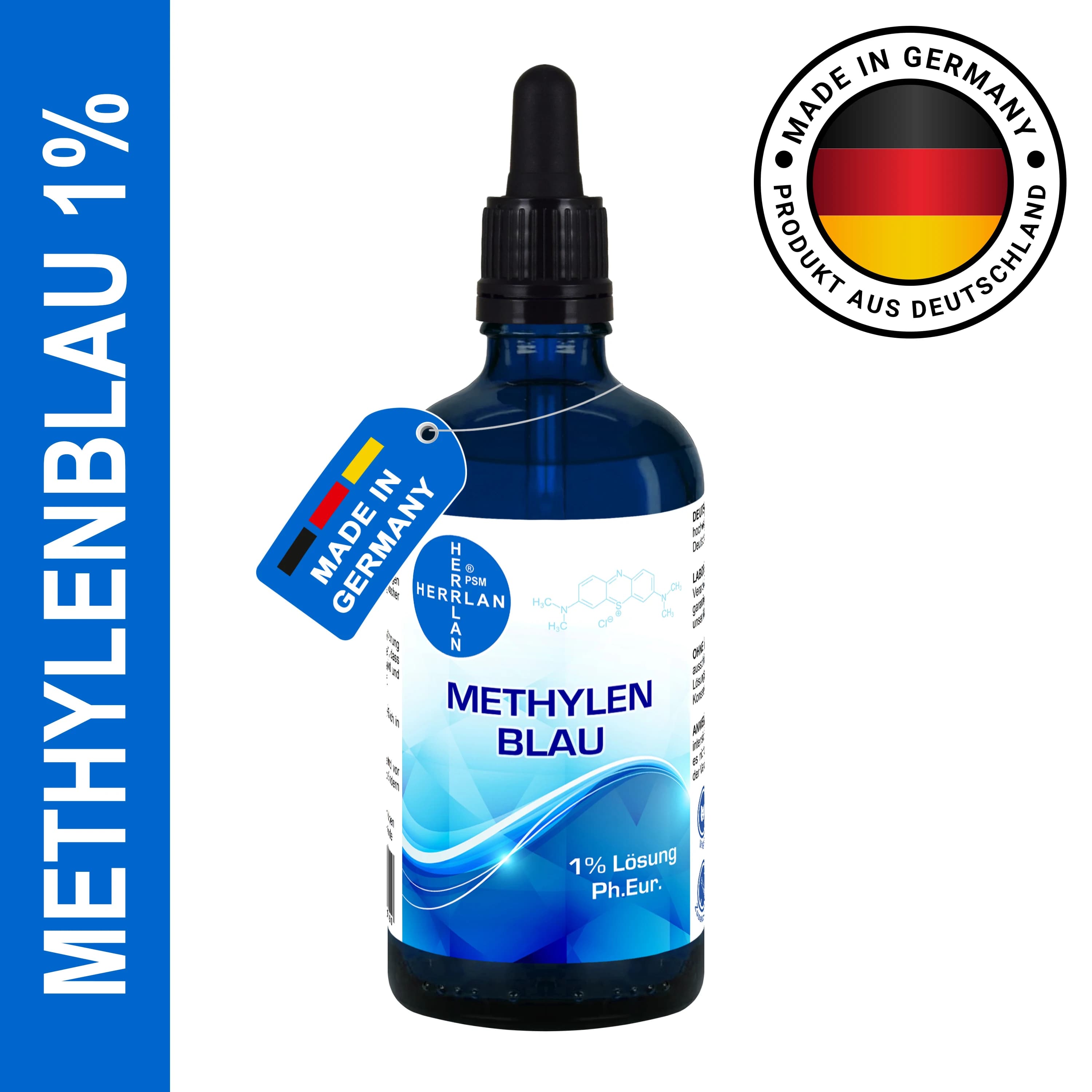 Solution de bleu de méthylène à 1 % incl. Pipette Pure, Vegan-HERRLAN-Quality-Made in Germany