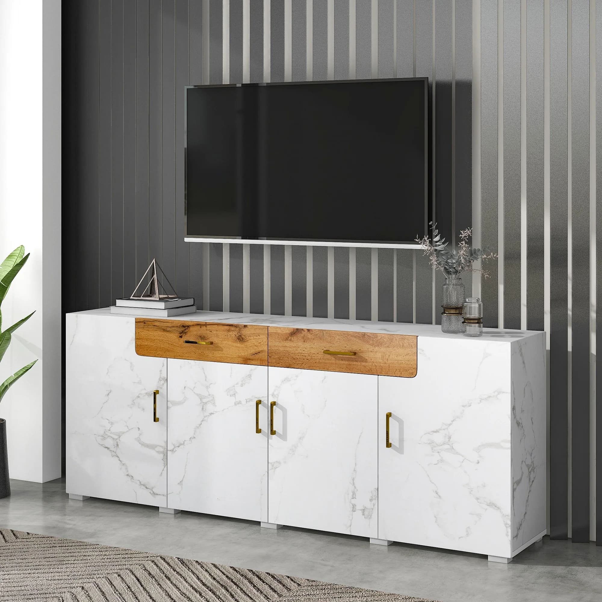 Buffet, armoire de cuisine, armoire de rangement, 208x39.5x80 cm, commode à 4 portes, 2 tiroirs, buffets