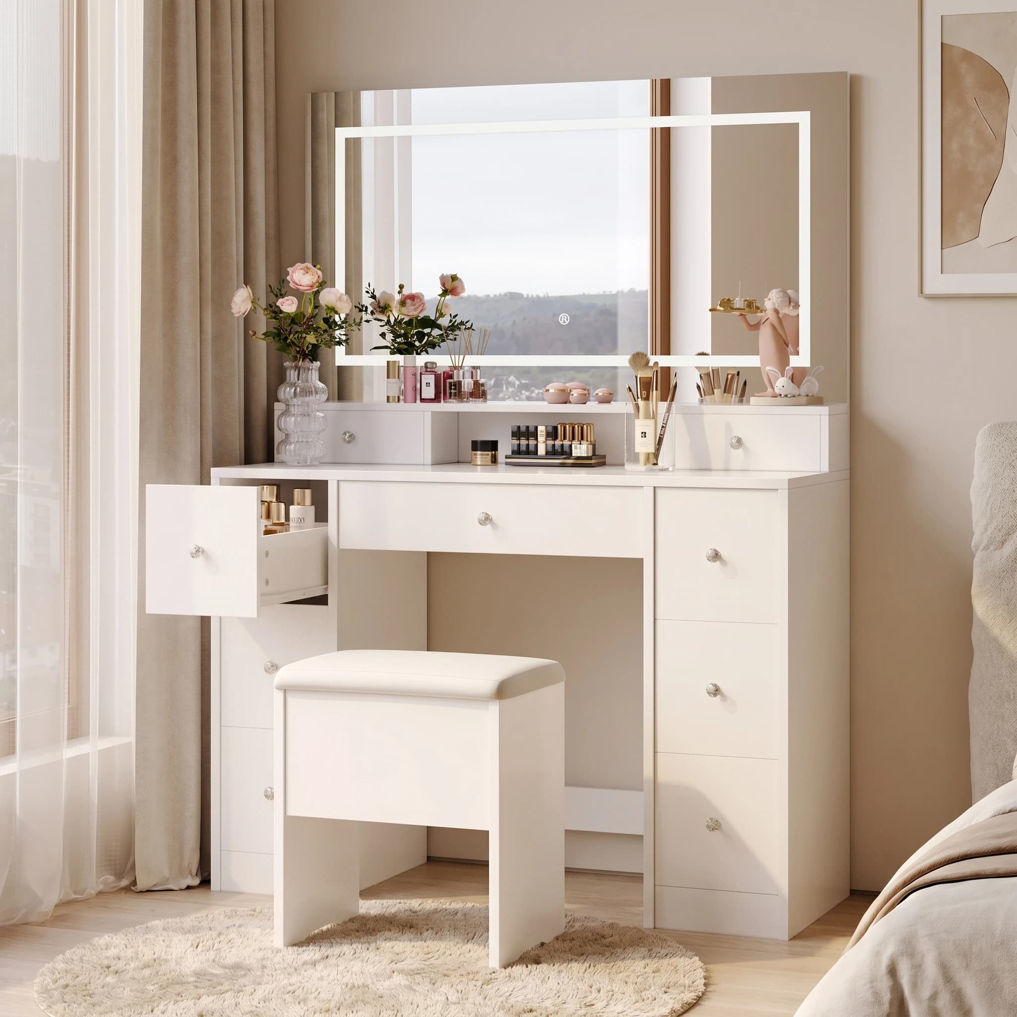 Anajqaqia Table de maquillage 110x40x150cm avec interrupteur tactile à trois couleurs, éclairage LED, miroir et tiroirs, blanc
