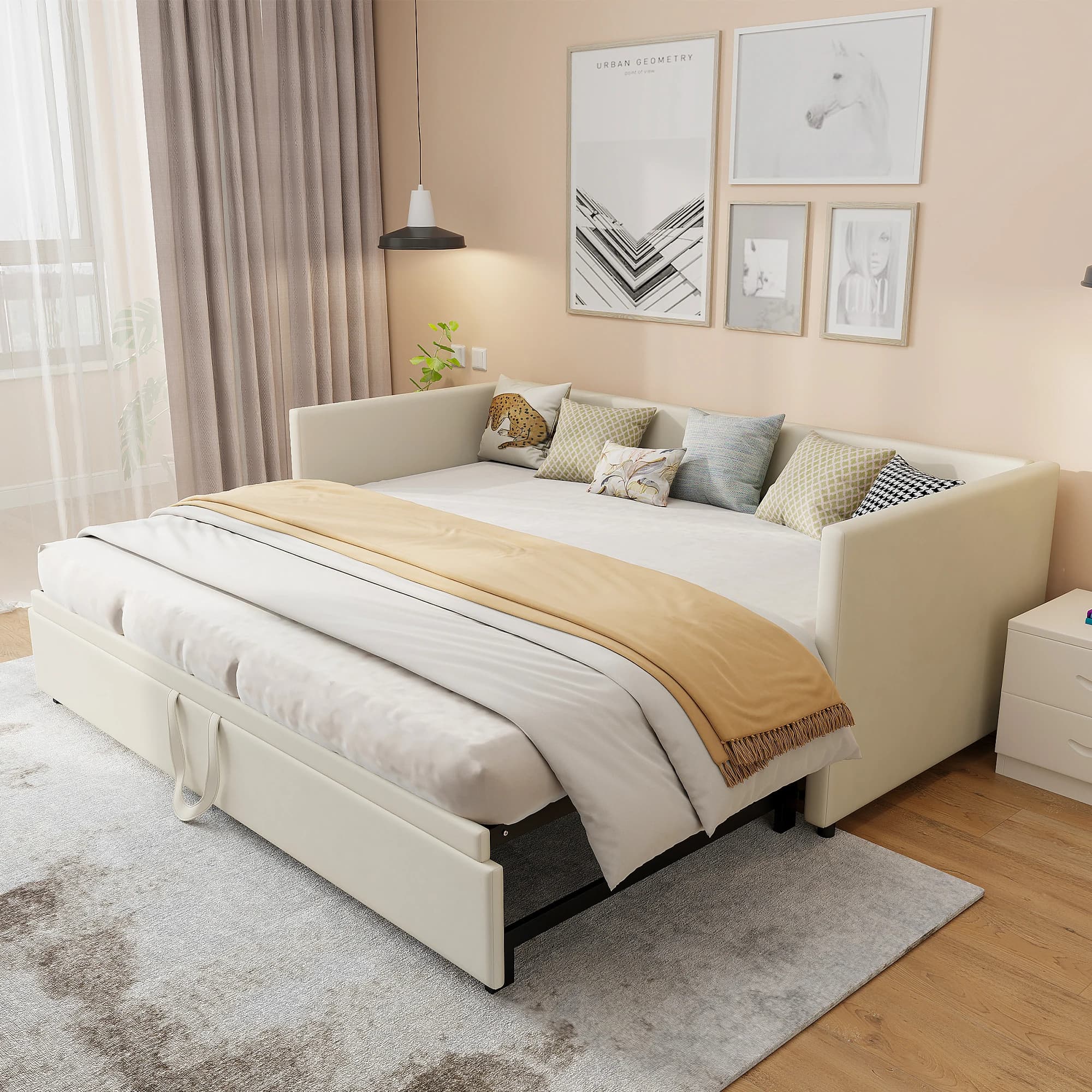 Anajqaqia Lit de repos rembourré 90/180×200 cm, convertible en lit simple ou double, canapé-lit extensible, velours beige, lit d'appoint peu