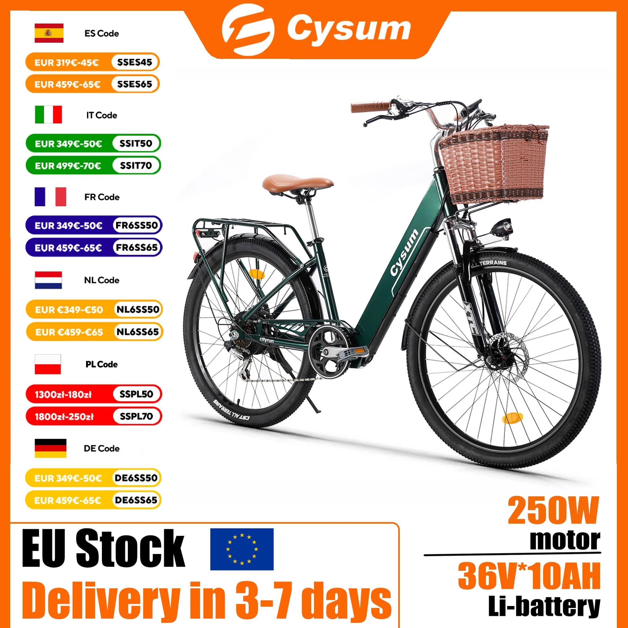 Vélo électrique Cysum Cityrun 26 pouces 250W 36V 10AH avec frein à disque SHIMANO 7 vitesses, 25 km/h, conforme aux normes européennes, vélo de