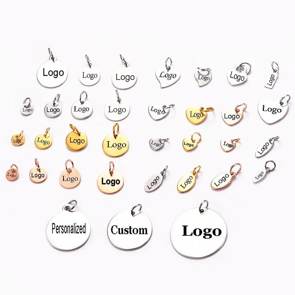Étiquettes personnalisées en acier inoxydable, petits Logo, breloques, fabrication de bijoux, collier, résultats de bricolage pour disques Logos,