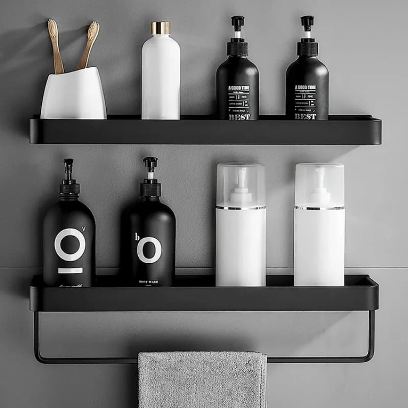 Étagère de salle de bain sans perceuse, organisateur de rangement de douche, étagères d'angle noires, support mural de shampoing de toilette en