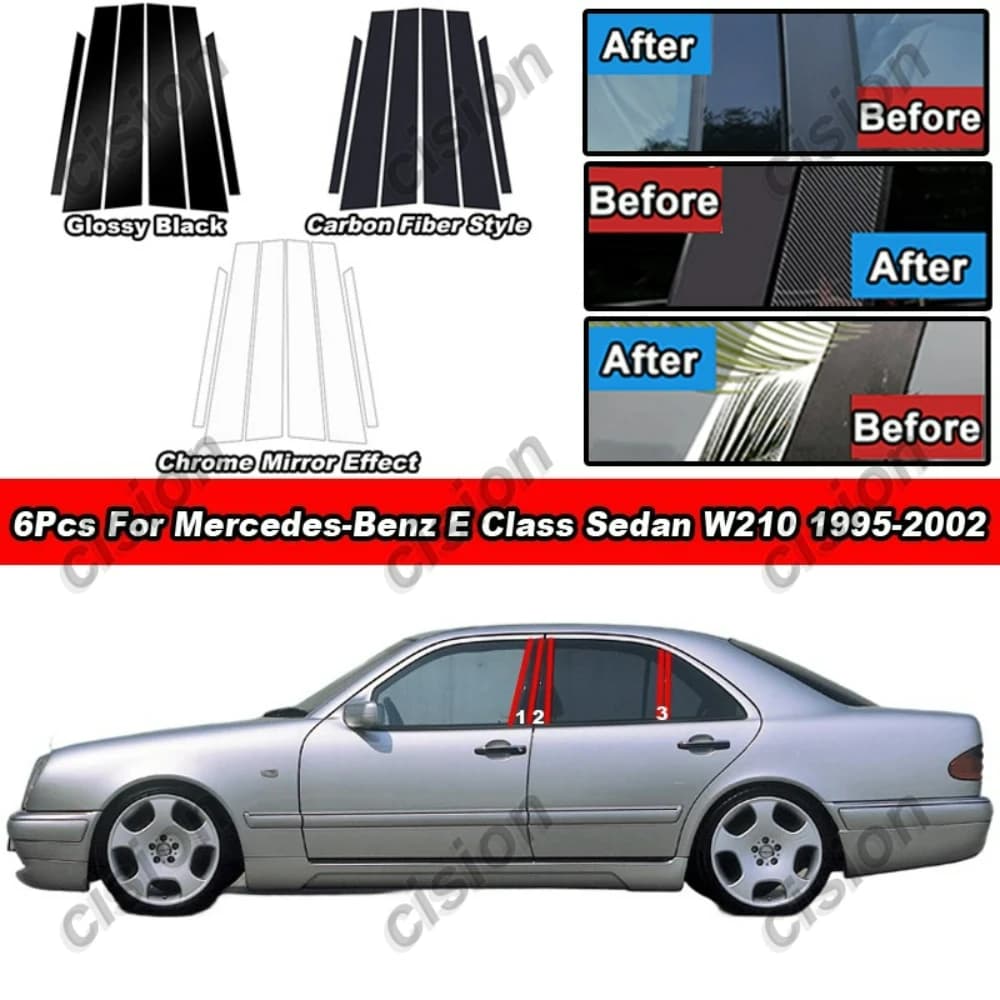 Autocollant chromé en Fiber de carbone noir, pour Mercedes Benz classe E W210, centre de fenêtre de porte de voiture, pilier B C central, colonne de