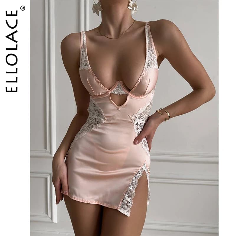 Ellolace Sexy col en V profond robe en Satin Lingerie Sexy dentelle Patchwork fendu Sissy robe de nuit femmes robe Slip vêtements de nuit en soie