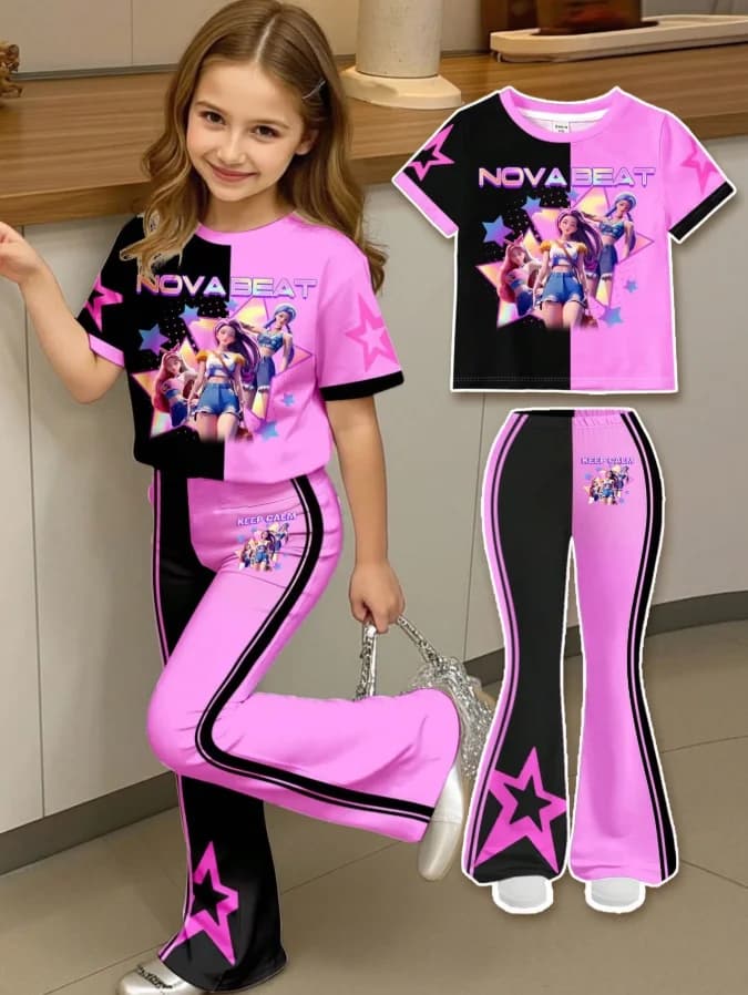 Ensemble 2 pièces pour fille Nova Beat, imprimé dessin animé, t-shirt rose et noir à blocs de couleur, pantalon pattes d'éléphant, vêtements de