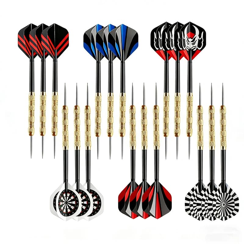 18 aiguilles de fléchettes en cuivre plaqué fer de 14g, tige en plastique noir avec 6 types d'ailes de fléchettes, jeu de divertissement