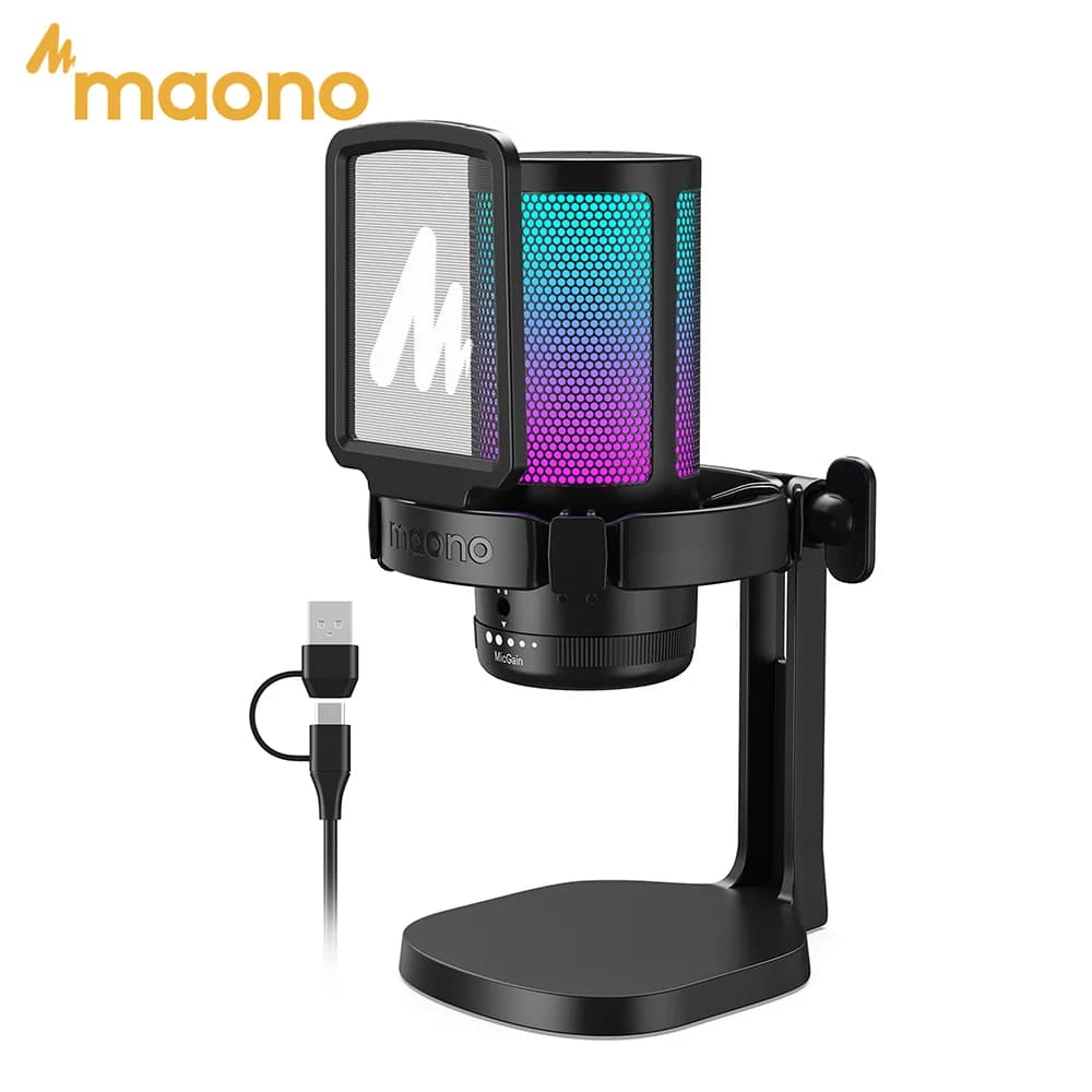 Microphone de jeu USB MAONO DGM20 pour PC avec éclairage RGB, réduction du bruit, fonction Tap-to-Mute et contrôle du gain pour Discord, streaming