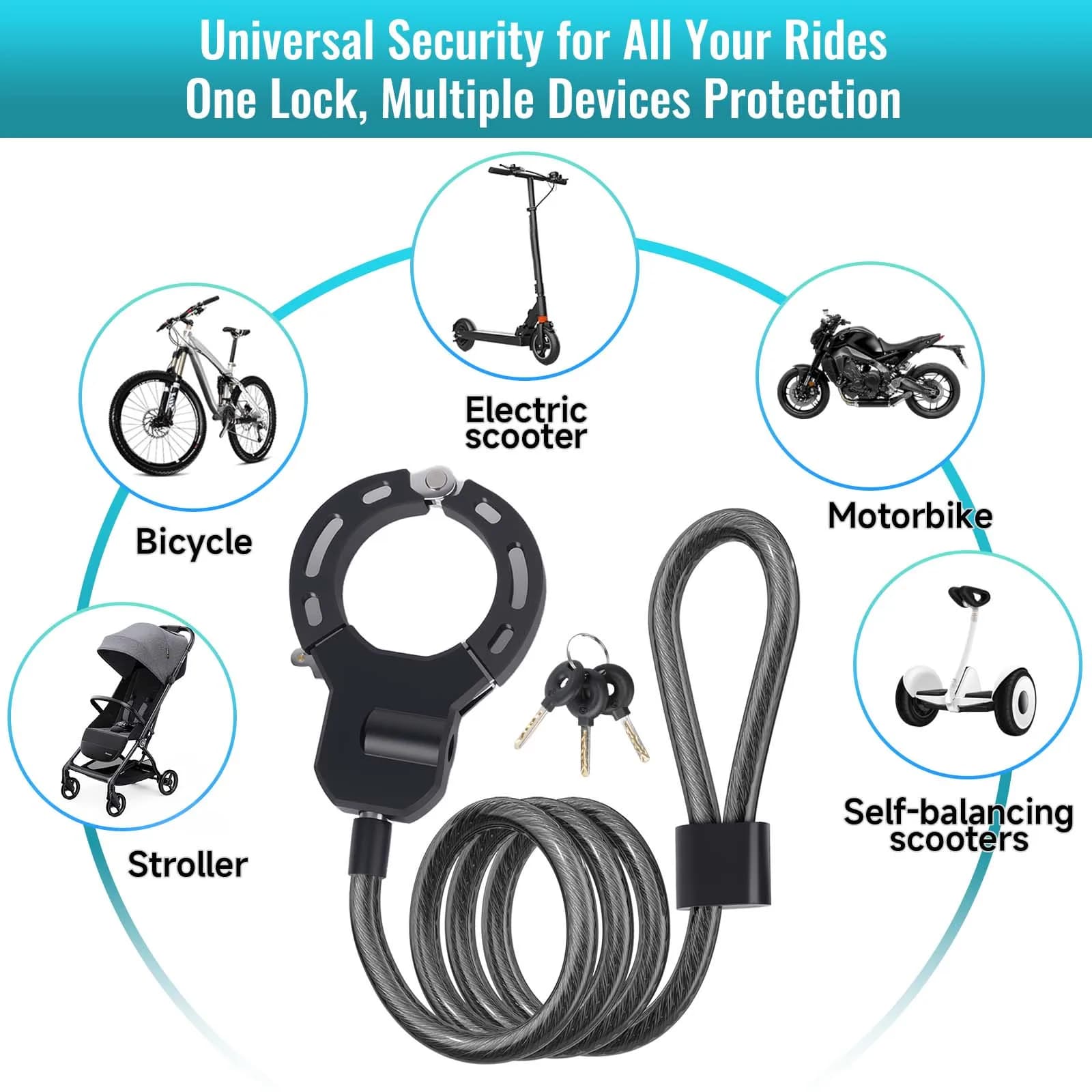 Antivol universel de sécurité pour trottinette électrique, vélo et sac de rangement, avec cadenas de type menottes