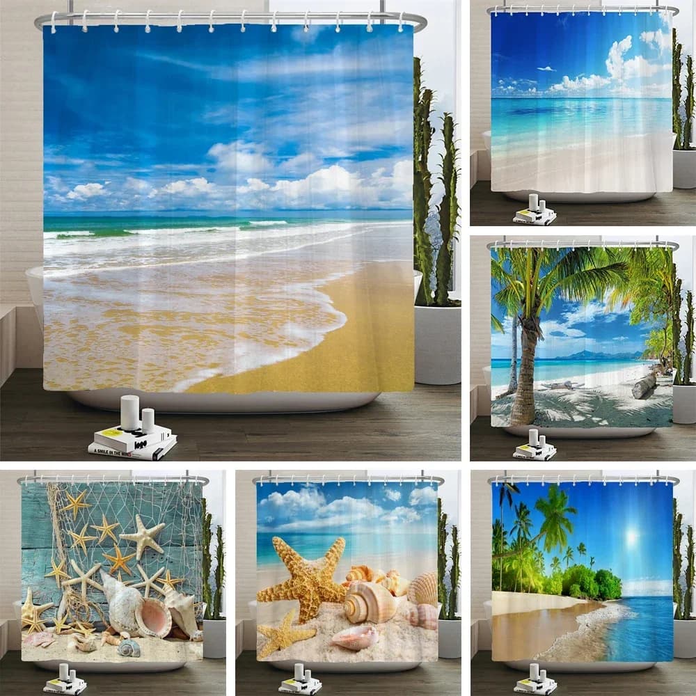 Rideaux de douche de paysage de plage 3d, rideau de salle de bains méditerranéen, océan de mer, décoration en tissu imperméable, rideau de bain