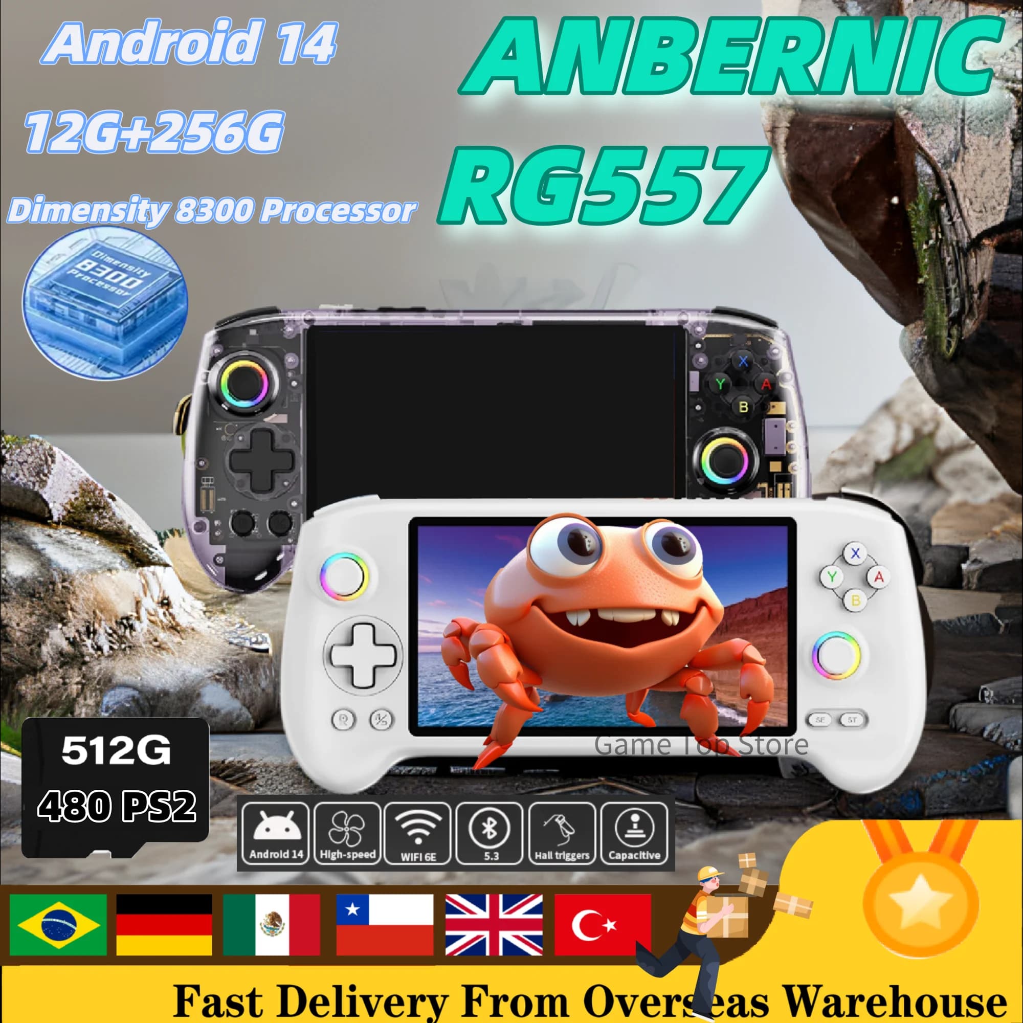 ANBERNIC RG 557 lecteur vidéo rétro RG557 Console de jeu portable 5.48 "écran AMOLED Android prend en charge FOTA WIFI Streaming PSP PS2