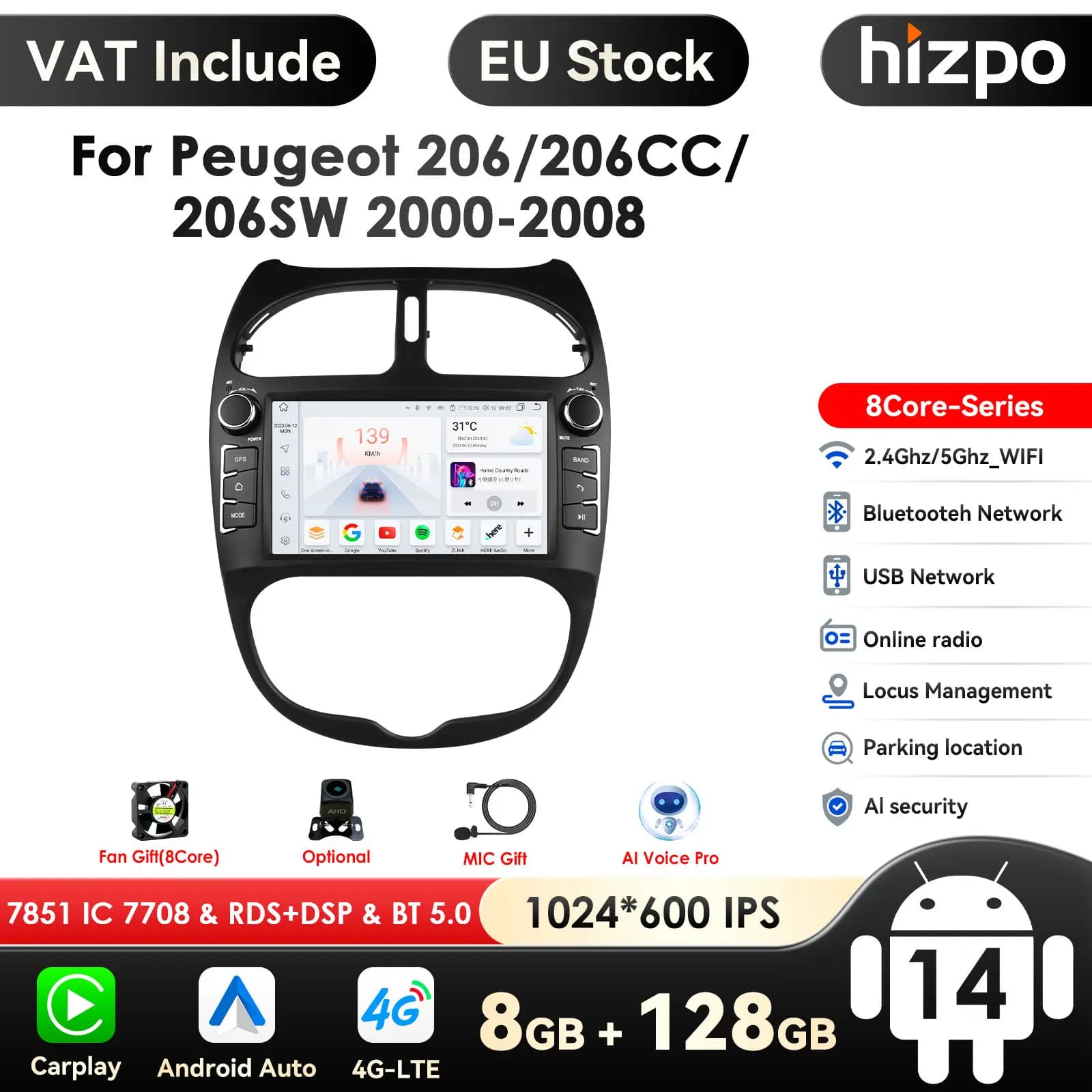 Pour Peugeot 206 2001-2008 autoradio multimédia lecteur vidéo Navigation GPS 4G Carplay Android 14 AutoRadio stéréo 7 ''unité principale