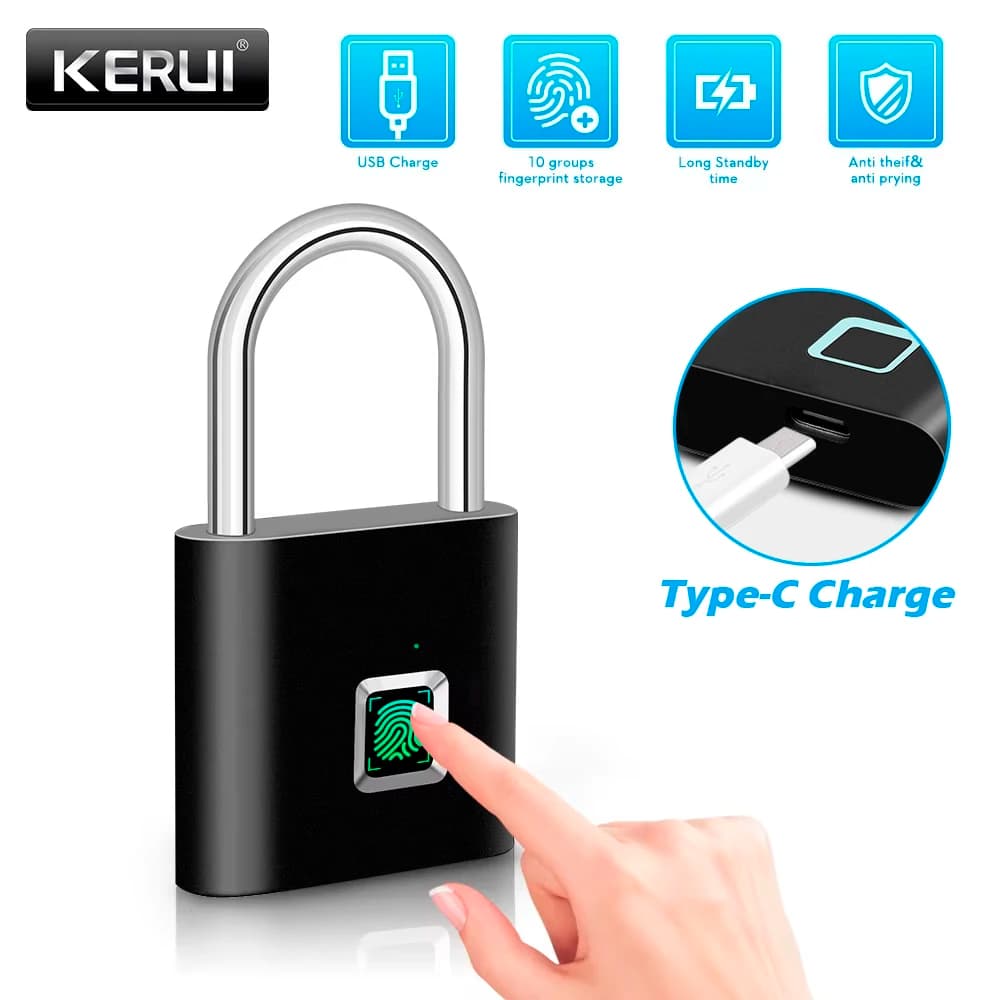 KERUI – cadenas intelligent à empreintes digitales, étanche, serrure de porte sans clé, Type C, cadenas de sécurité Rechargeable pour maison