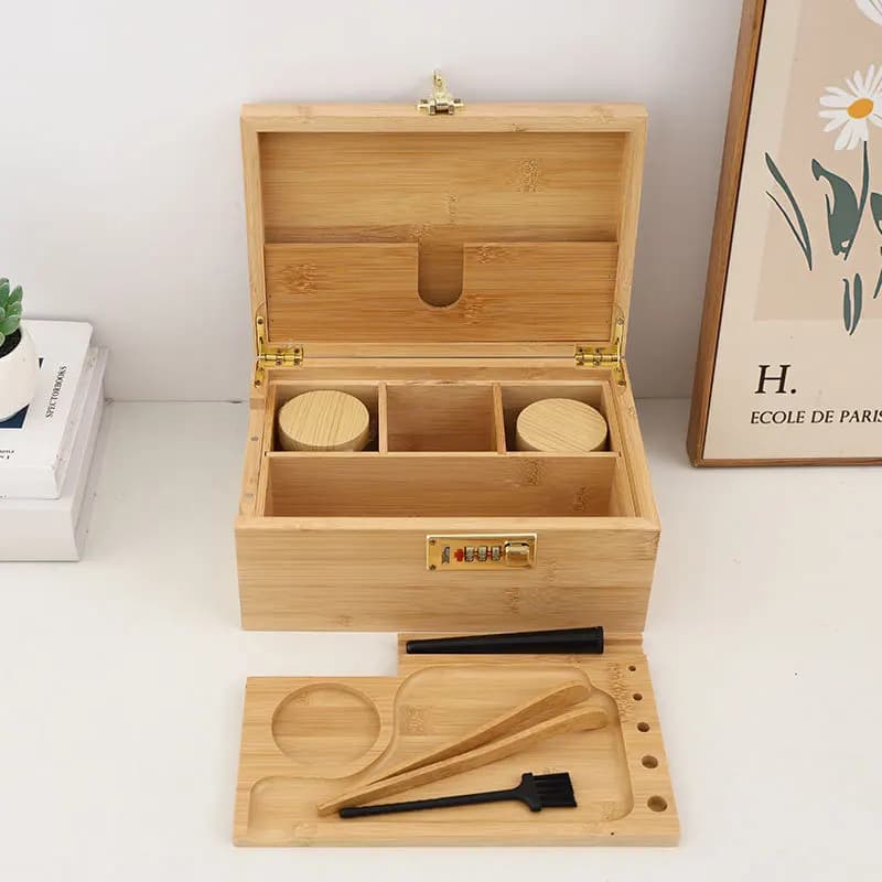 Coffret de rangement en bambou haut de gamme avec plateau roulant, boîte en bois, organiseur pour accessoires de fumage de cigares et outils,
