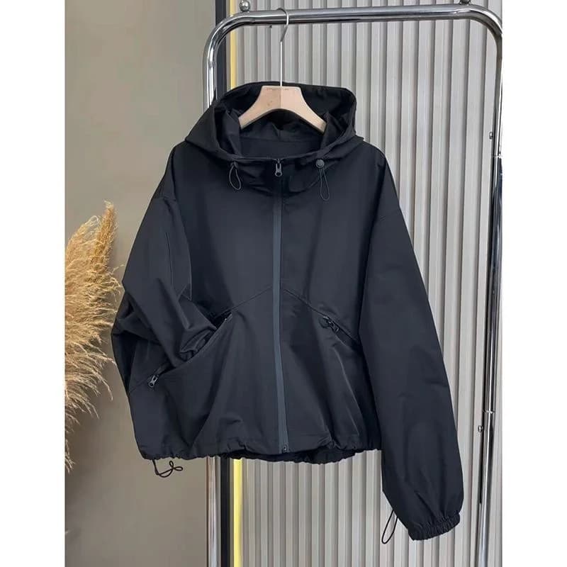 Coupe-vent à capuche noir pour femmes, Trench-Coat décontracté de grande taille avec cordon de serrage, vestes amples doublées à fermeture