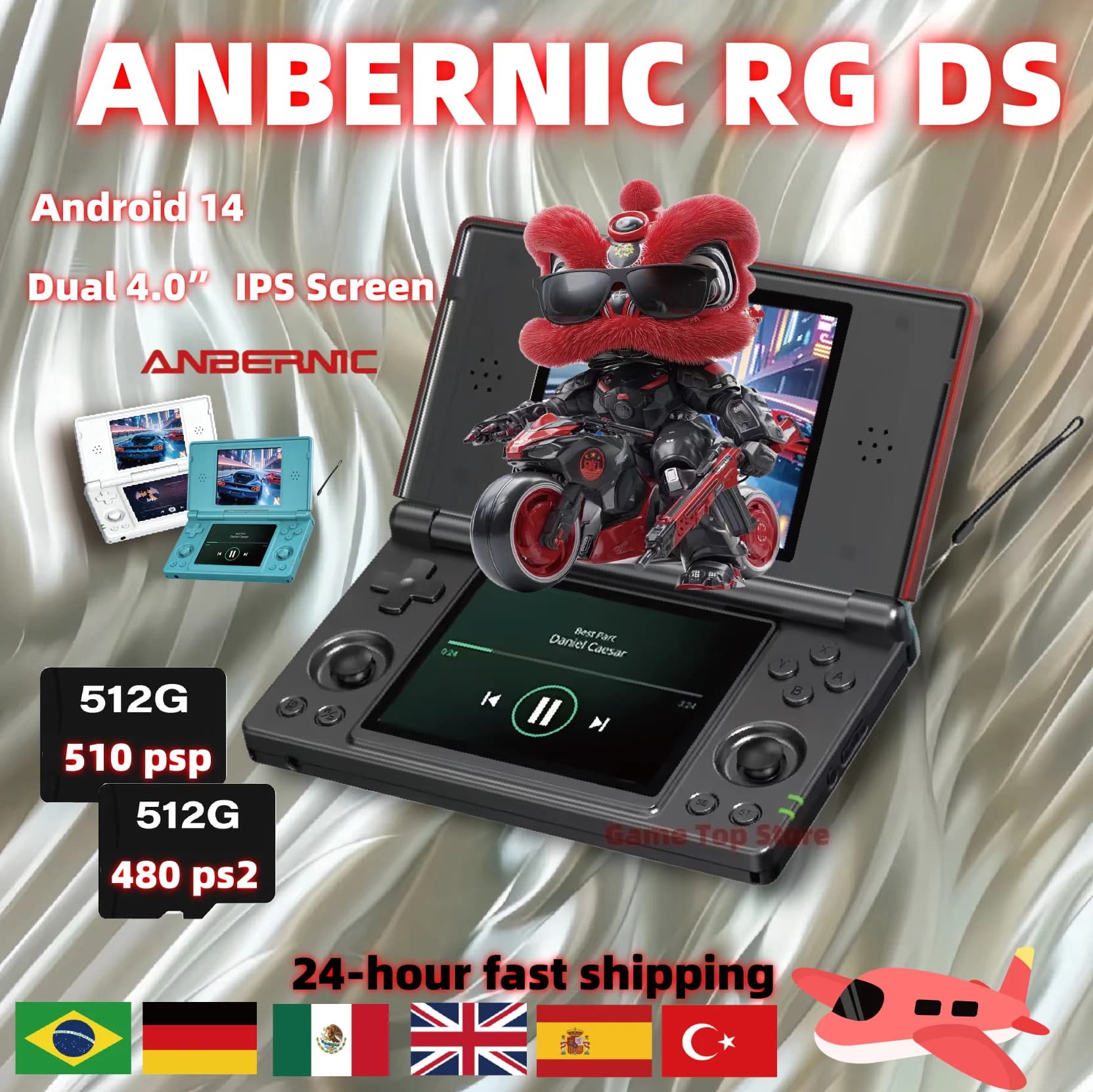 Anbernic – Console de jeu vidéo RG DS, double écran IPS de 4.0 pouces, Android 14, prise en charge de l'application double sur les écrans