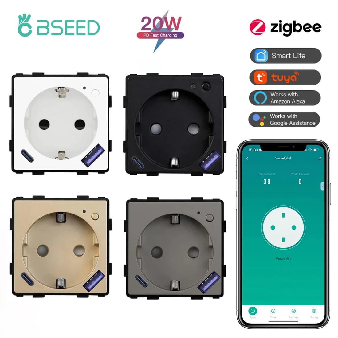 BSEED Zigbee prise intelligente partie moniteur de puissance prise avec USB type-c pièces de bricolage 20W Charge rapide Tuya vie intelligente Alexa