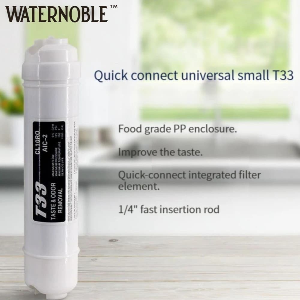 Filtre à Eau Waternoble T33 Post Carbone Actif RO en Ligne pour la Réduction des Goûts et Odeurs, S'adapte aux Tuyaux d'Eau de 1/4" pour