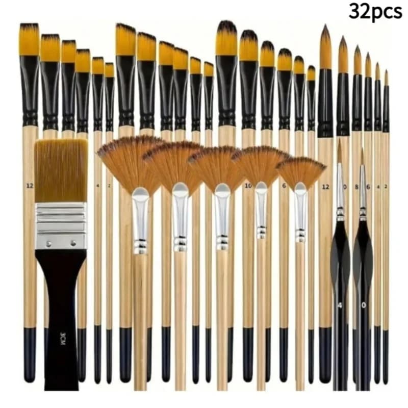32 ensembles de pinceaux en nylon - ronds, en forme de noisette, plats, en forme d'éventail, adaptés à l'acrylique, à la peinture à l'huile et à