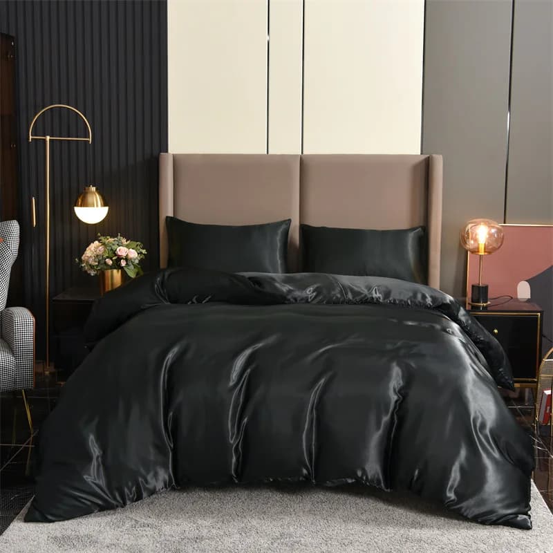 Ensemble de housse de couette en Satin, 3 pièces, série Queen Black, luxe, riche en soie, soyeux, doux, solide, Sexy, lune de miel, sans plis