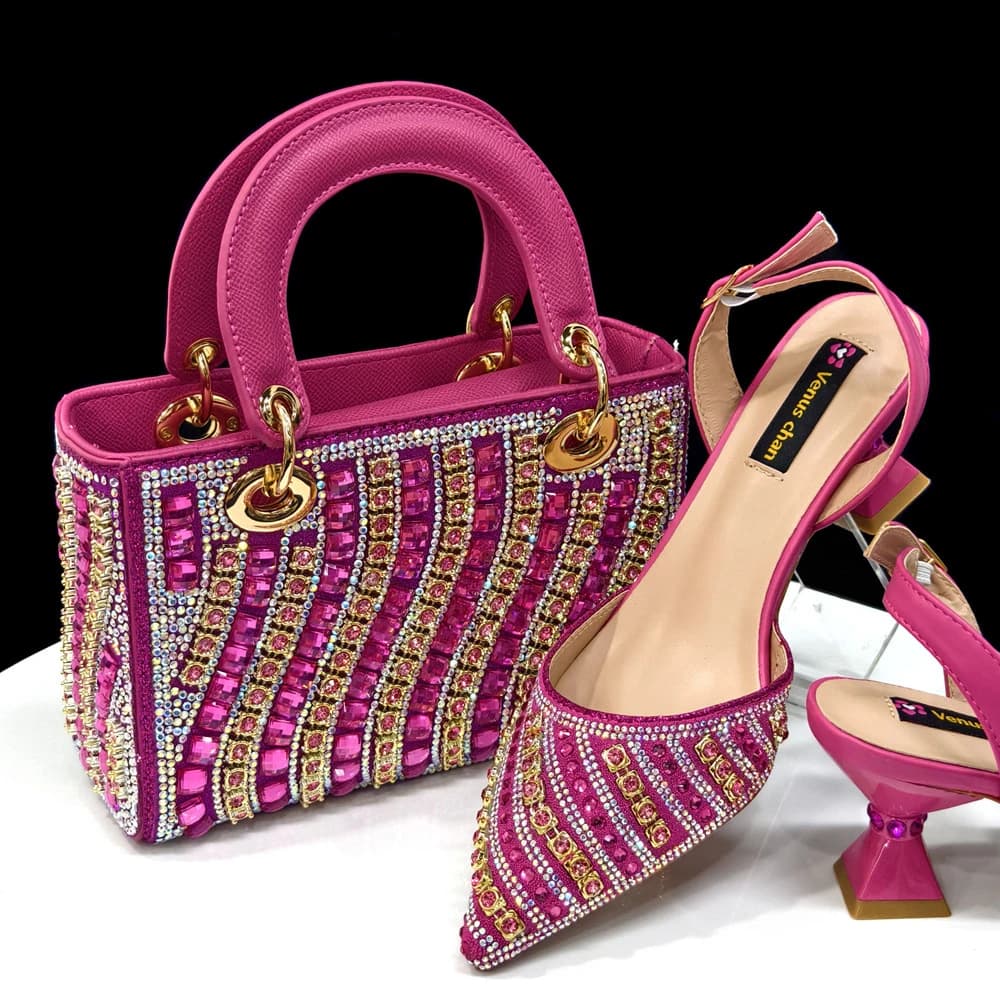 2025 brillant mode italienne bout pointu femmes talon mode strass décoration couleur Fuchsia chaussures et sac ensemble