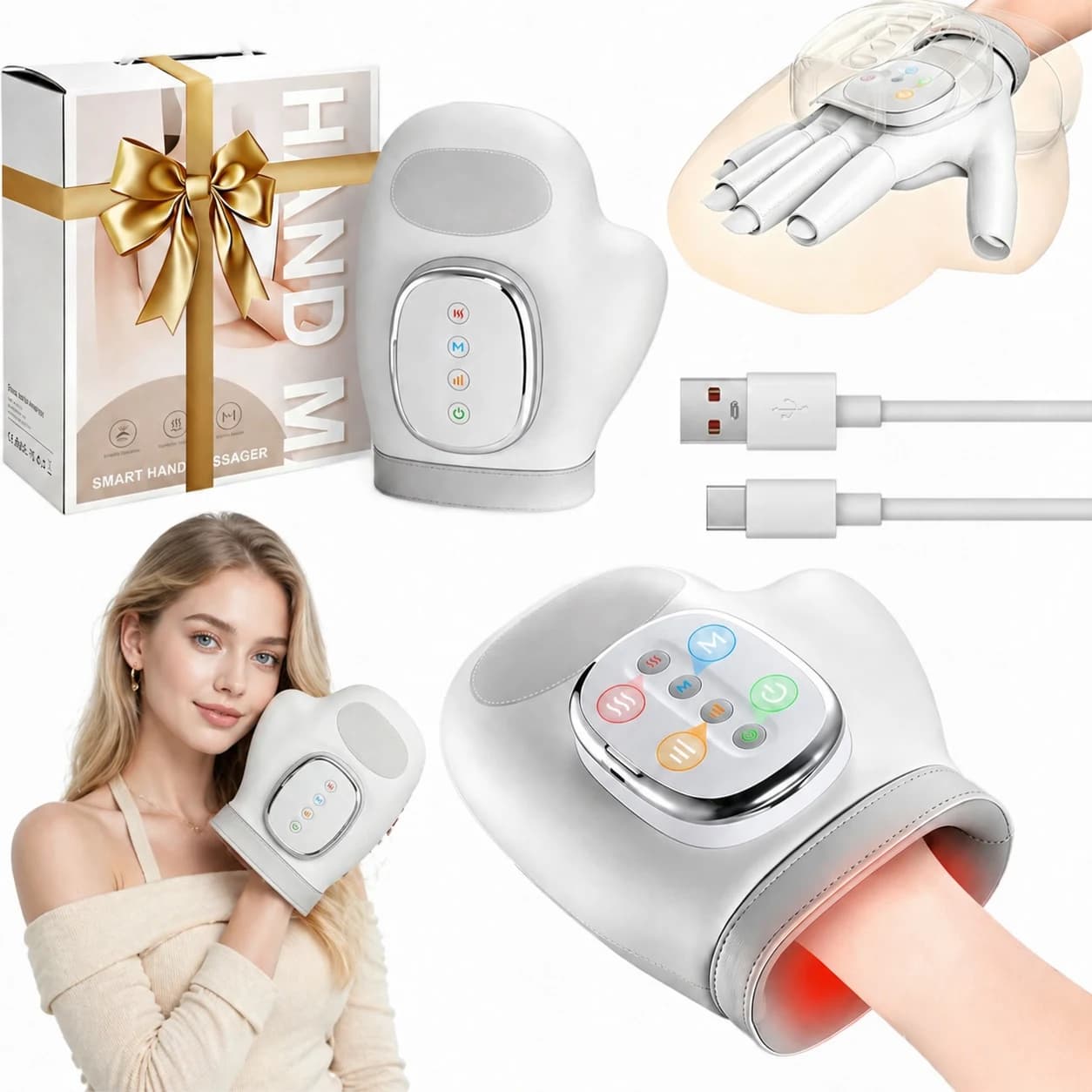 Masseur pneumatique pour les mains blanc, acupression, chauffage, gant de massage pour les mains