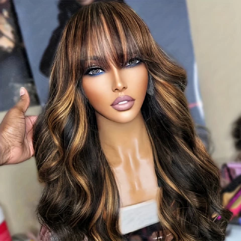 Perruque Body Wave sans colle avec frange, cheveux humains brésiliens, perruques Remy vierges, blond miel en surbrillance, fabriquées à la machine,