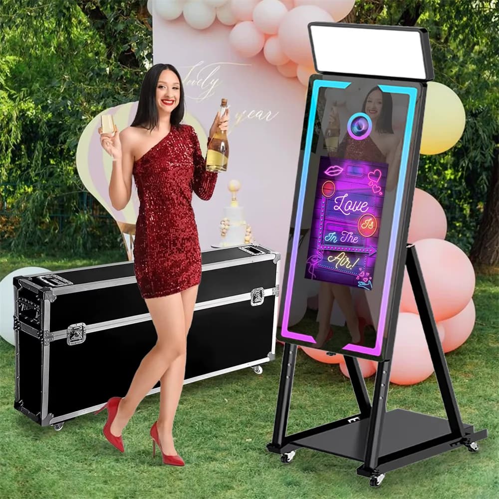 Expédition UE : borne photo miroir 65 pouces, borne photo miroir portable pour selfies, borne libre-service avec écran tactile et cadre photo LED