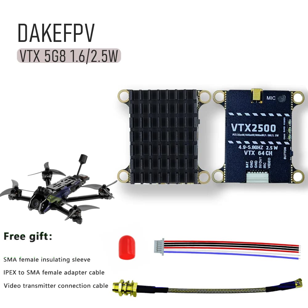 Émetteur vidéo analogique (VTX) DAKEFPV 1,6W/2,5W 5,8 GHz haute puissance longue portée pour drones FPV multi-marques