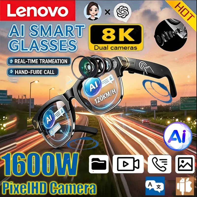 Lunettes Intelligentes Lenovo 8K AI 2027 Nouveauté Appel Mains Libres HD Traduction IA Enregistrement Chat IA Lecture Musicale Lunettes de Soleil