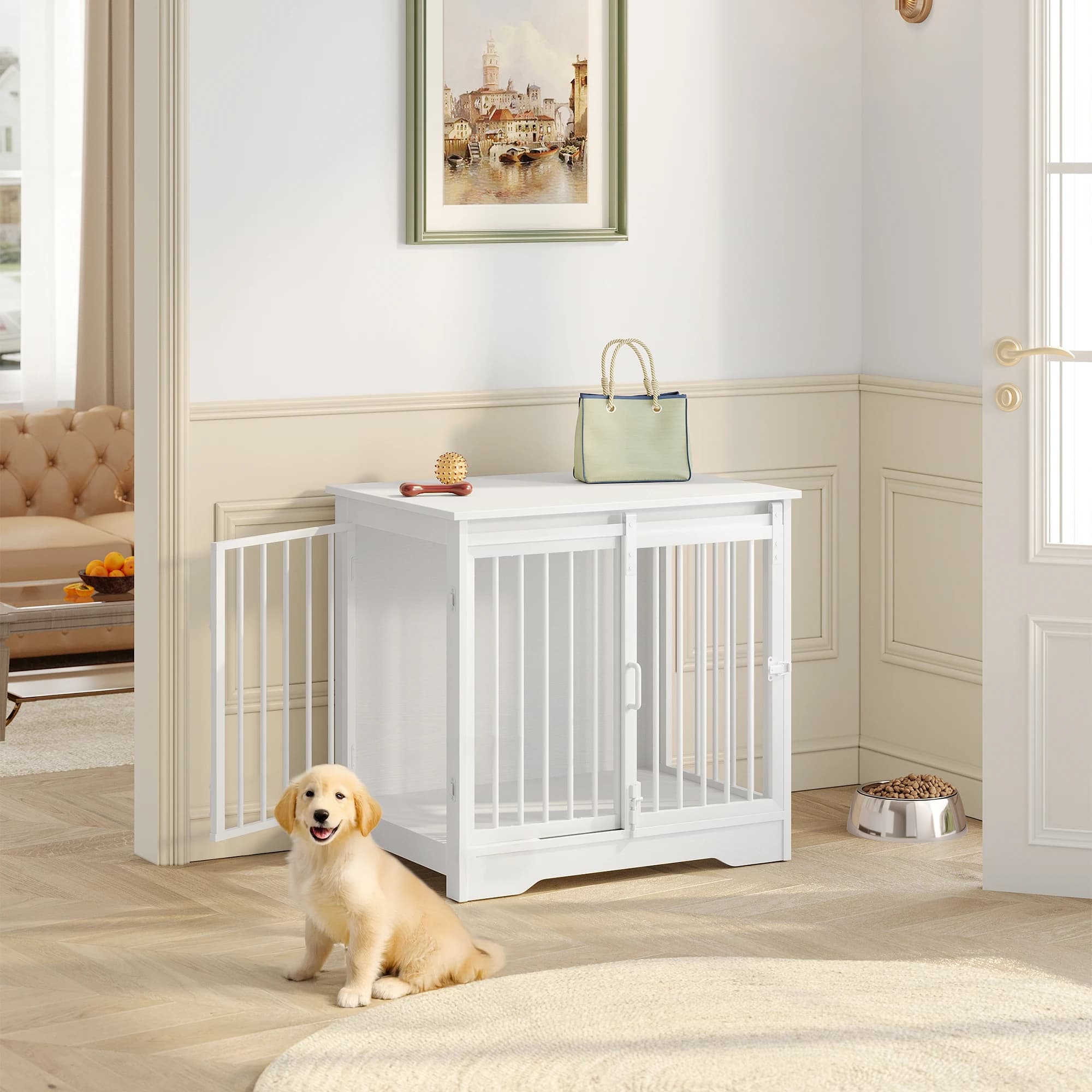 Meuble pour chien, cage pour chien de 69 cm, 2 portes, cage pour chien moderne d'intérieur pour chiens de petite/moyenne/grande taille, table