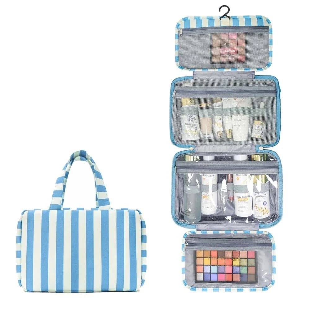 Trousse de Toilette de Voyage Suspendue Portable 4-en-1 avec Crochet, Grande Capacité, Rayée, pour Maquillage et Cosmétiques