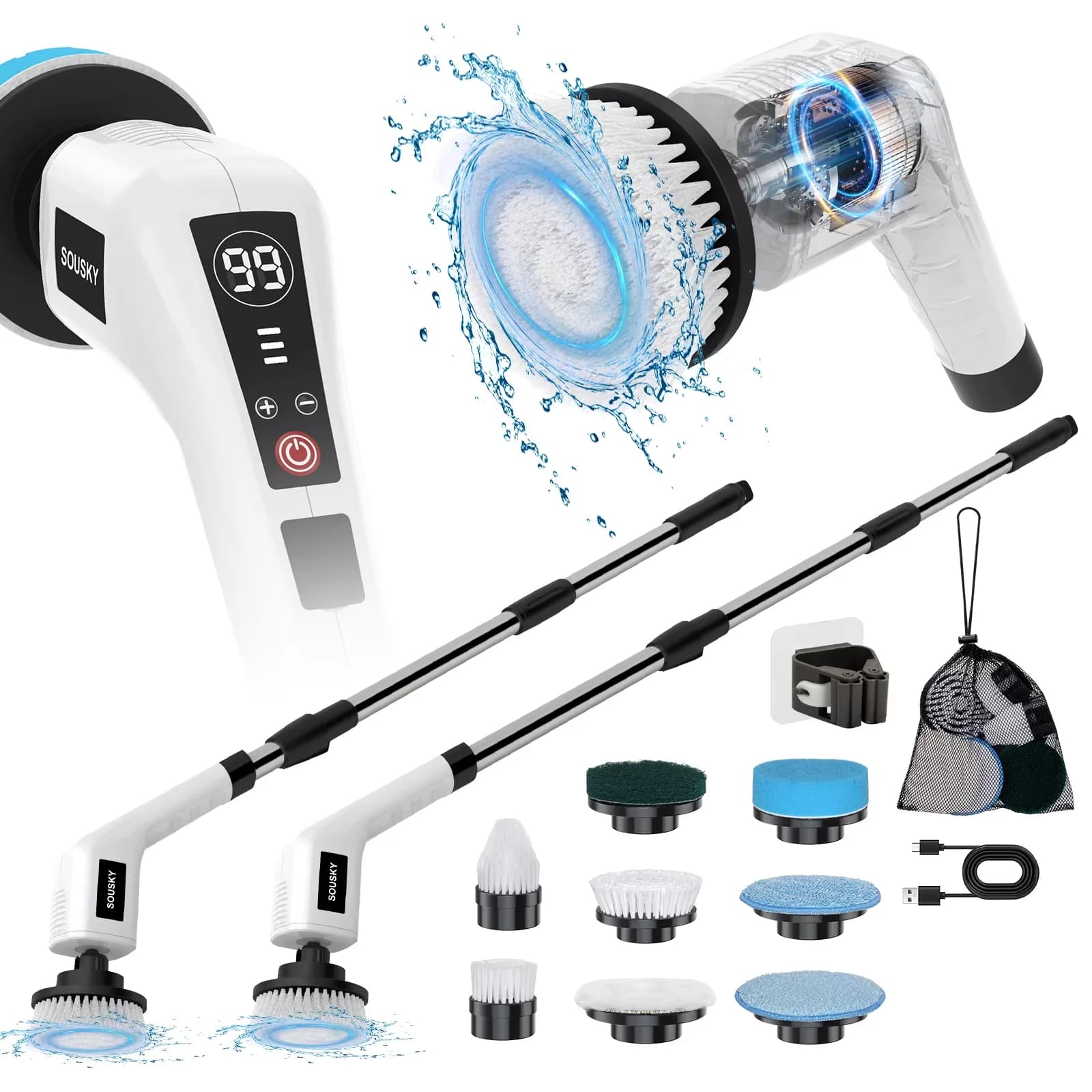 Brosse de nettoyage électrique sans fil, nettoyeur rotatif portatif pour douche, nettoyeur multifonctionnel avec 8 têtes pour salle de bain et