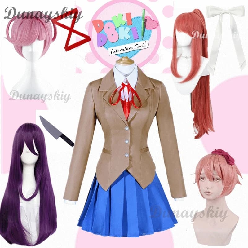 Jeu Doki Doki Club Natsuki Cosplay Costume pour femme, ensemble de perruques, Sayori Yuri Monika, uniforme scolaire, fille