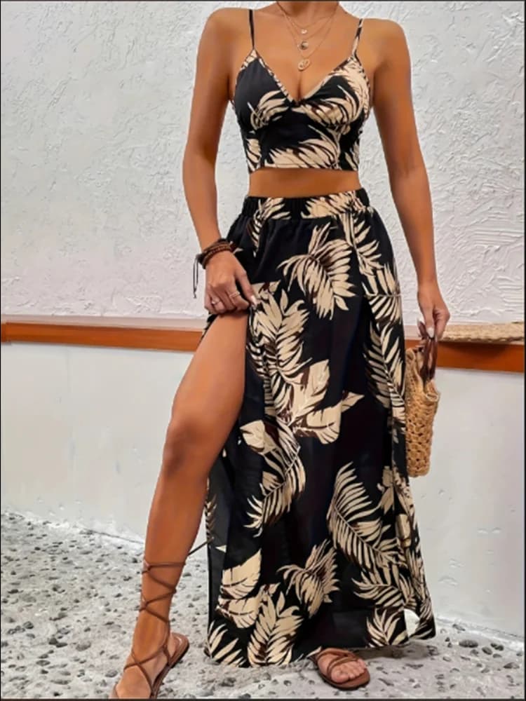 Robe élégante à col en V profond pour femmes, ensemble jupe et veste sans manches imprimée pour l'été, robe tendance sexy à fente haute