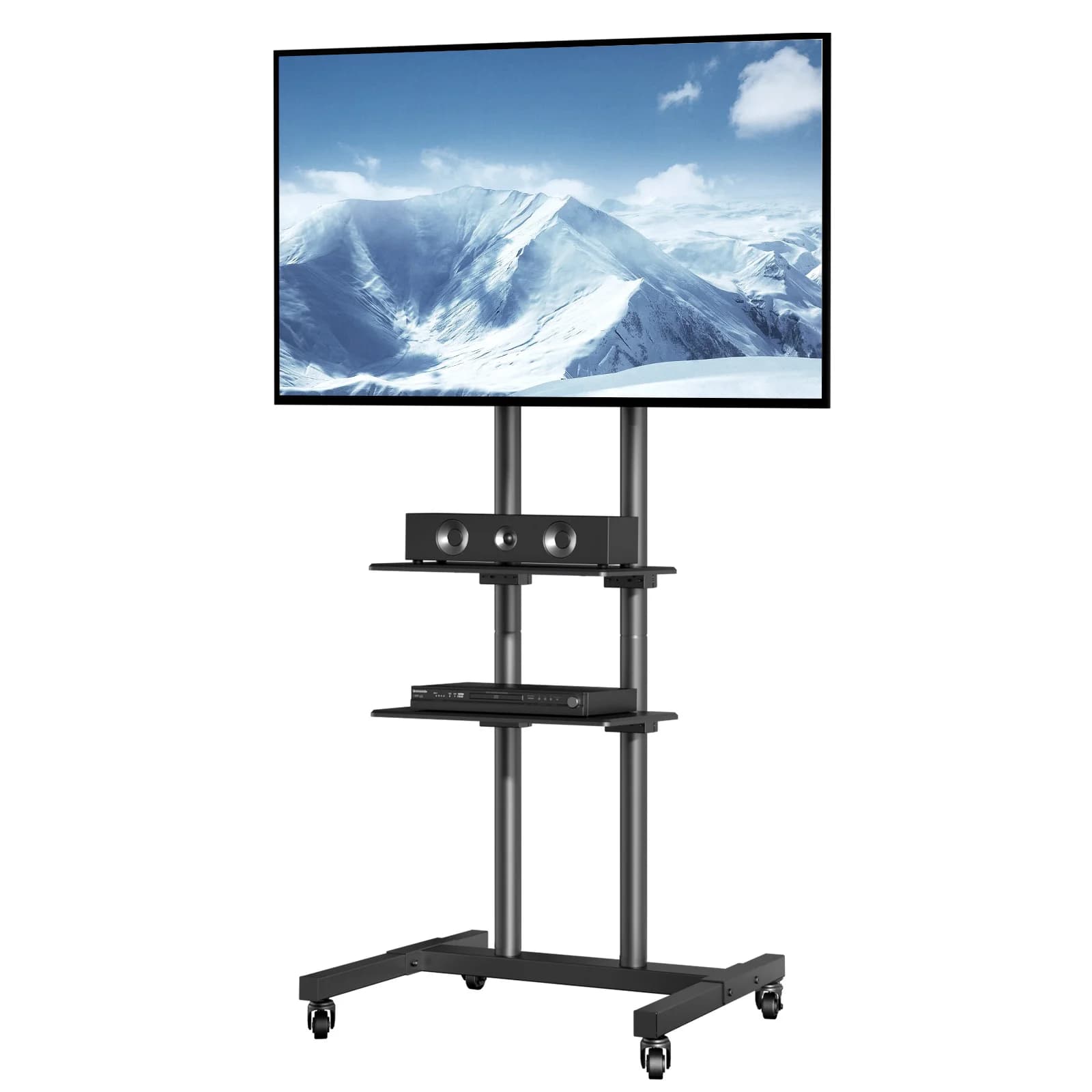 SucceBuy Meuble TV mobile Support TV réglable en hauteur avec roulettes Double plateau pour appareils audiovisuels Meuble TV roulant pour chambre à