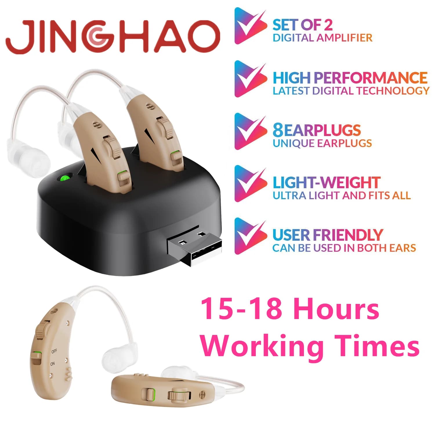 JINGHAO aides auditives rechargeables BTE aides auditives amplificateur auditif derrière l'oreille dispositif d'amélioration du son Stock Local
