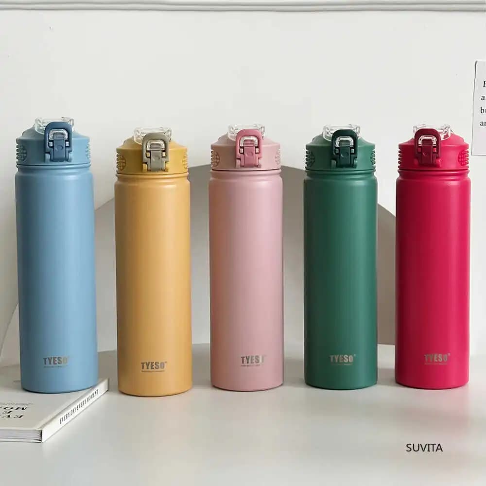 TYESO 600ML/750ML bouteille d'eau Thermos avec paille en acier inoxydable voiture tasse de sport thermique garde le froid et la chaleur tasse de