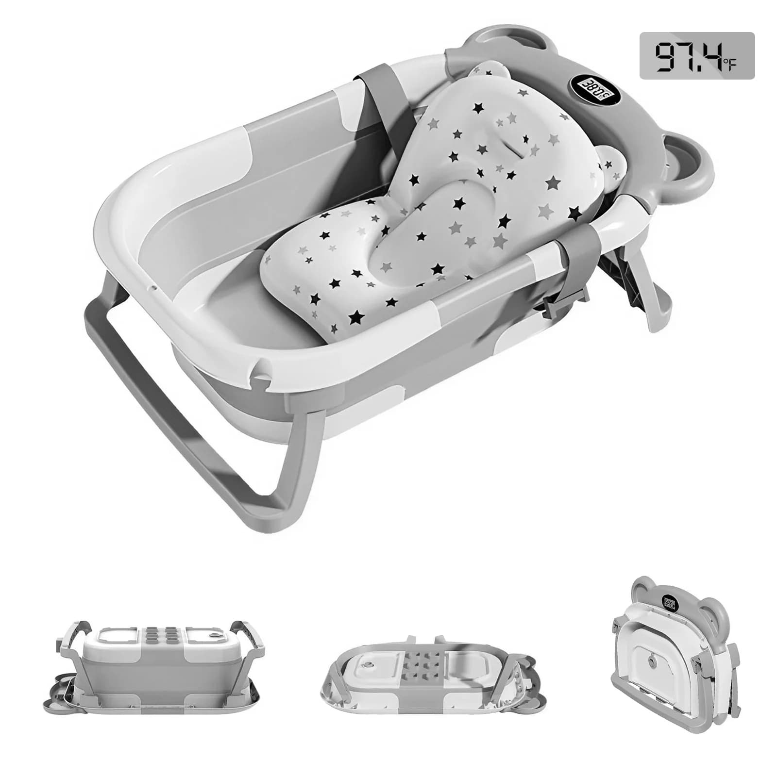 Baignoire de voyage portable, baignoire pliable pour bébé, avec thermomètre et 1 coussin flottant doux, avec trou de vidange, pour bébé de 0 à