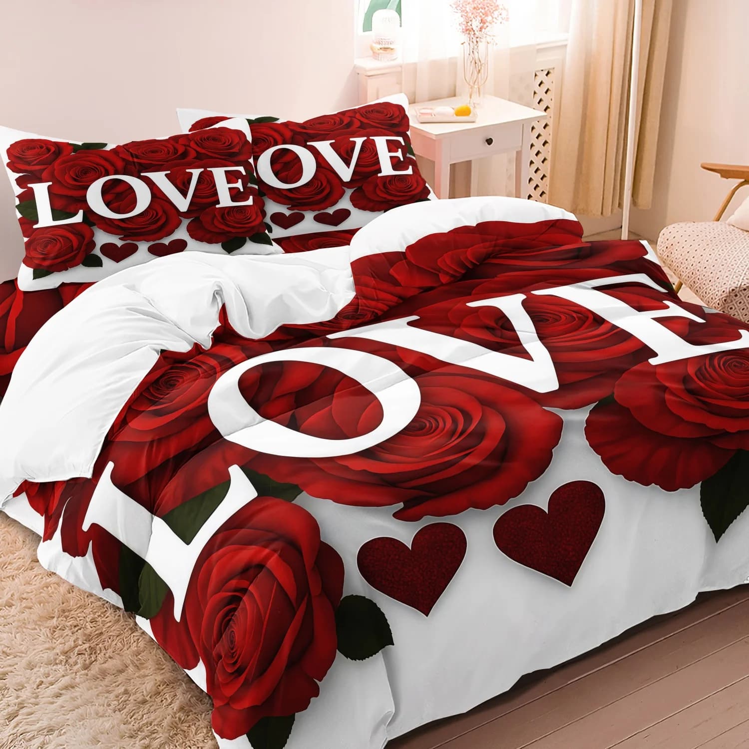 Ensemble de literie romantique à motif de fleurs de roses rouges, 3 pièces, comprenant 1 housse de couette et 2 taies d'oreiller, pour la