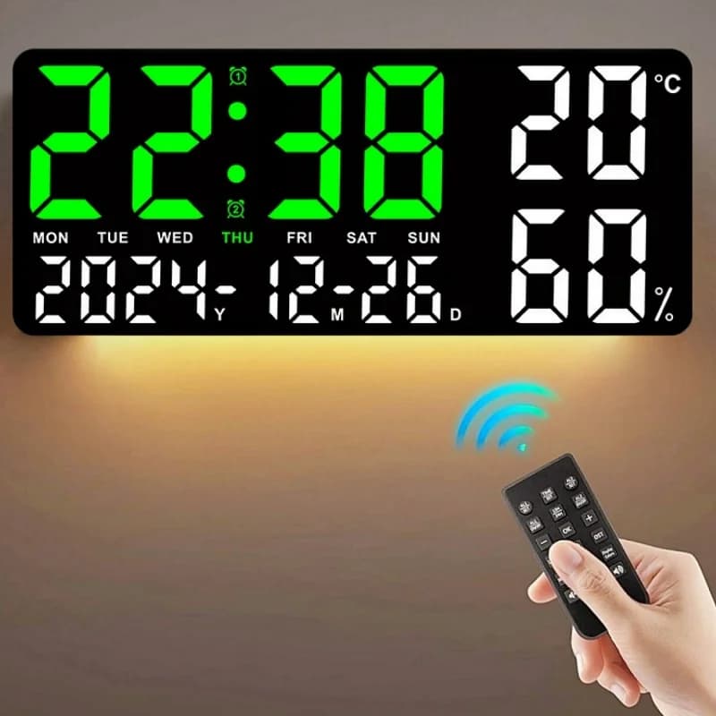 Grande horloge murale numérique avec lumière d'ambiance 7 couleurs, 2 alarmes, température, humidité, Date, horloge de Table, compte à rebours