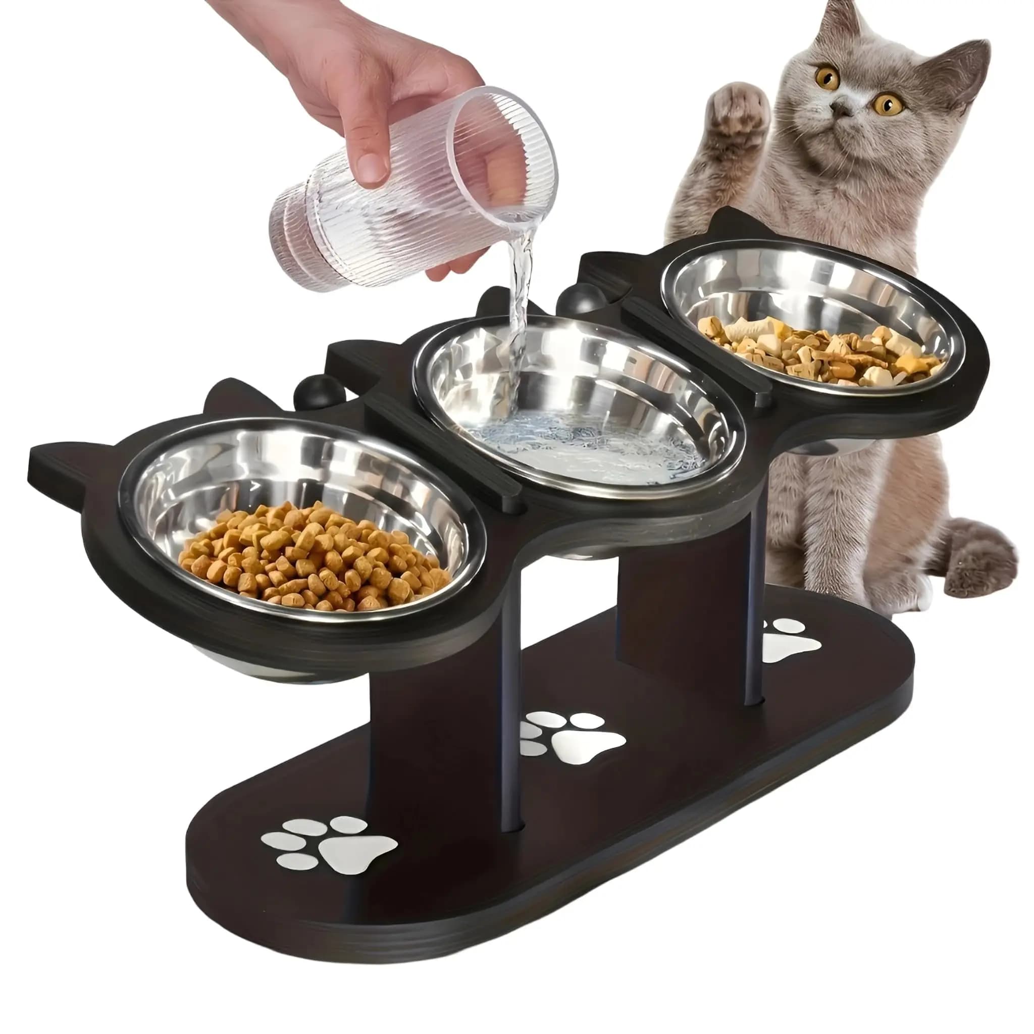 Bol surélevé pour chat avec support en bois noir, bols pour chats en acier inoxydable 15 °   Support incliné pour fournitures d'alimentation et