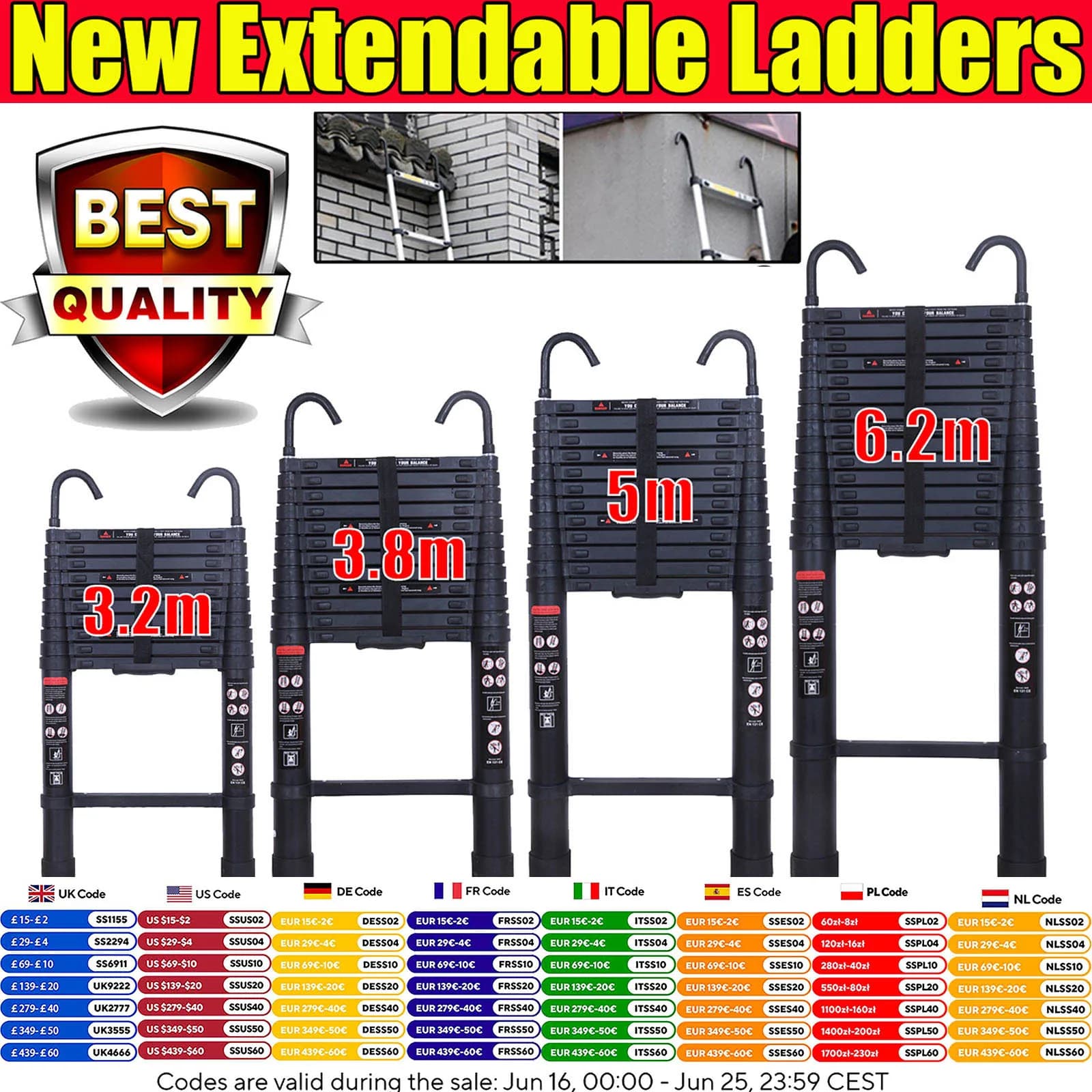 NOUVEAU! Échelles télescopiques noires plus solides, pliables en aluminium, avec crochets détachables, marches extensibles, outil domestique