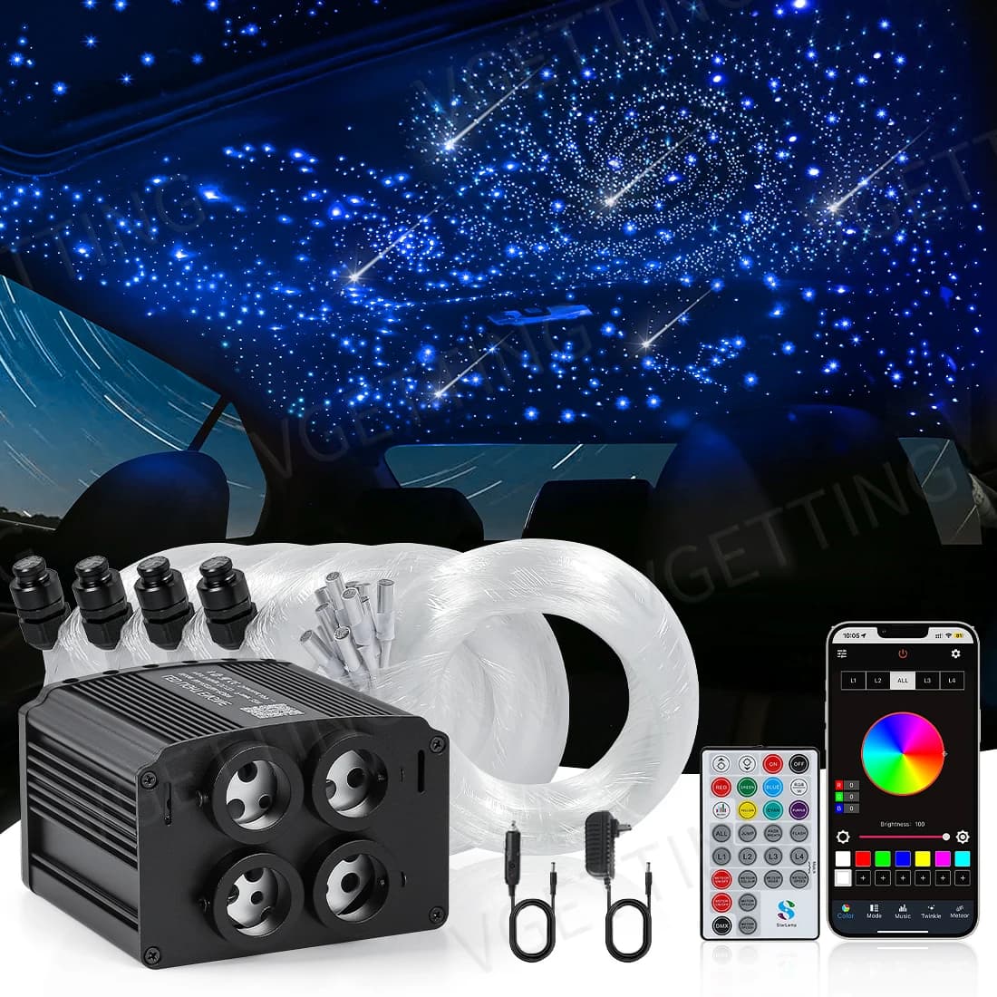 4 ports scintillant RGBW météore plafond voiture toit tir étoile lumière LED fibre optique lumière ciel étoilé lampe APP musique télécommande